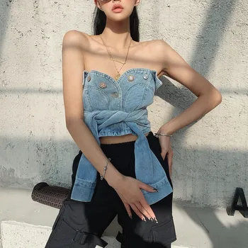 

Sexy Denim Wrap-around Crop Top Strapless Single Breasted Top Women Washed Denim Sleeveless Streetwear