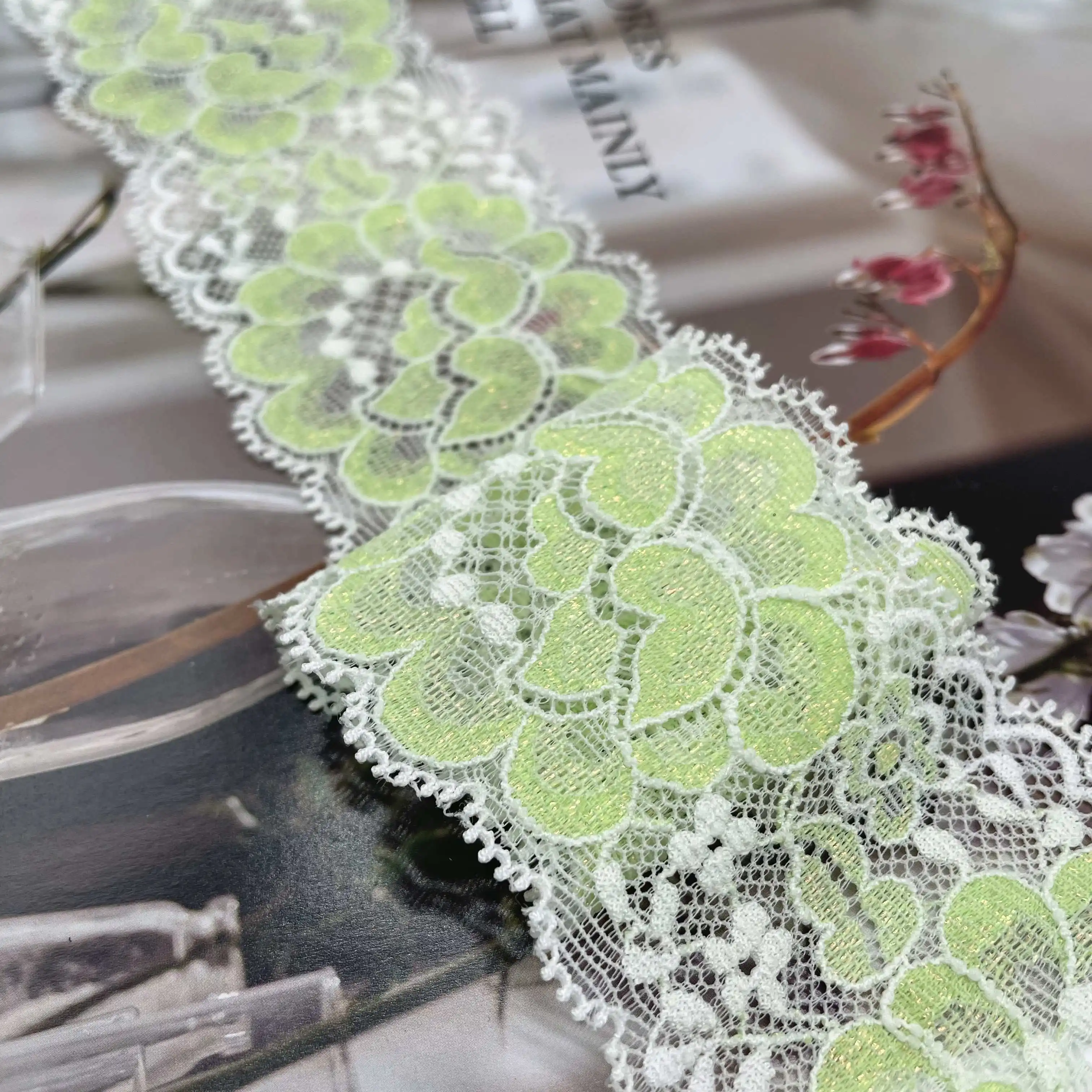 6y/lot Width 2 1/4 inch 6cm Narrow Shimmer Green Stretch Lace Trim 3
