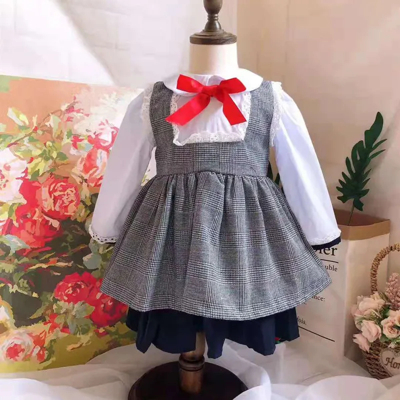 От 0 до 8 лет, осенне-зимнее платье с длинными рукавами и отложным воротником для девочек в английском консервативном стиле, детское платье принцессы с бантом