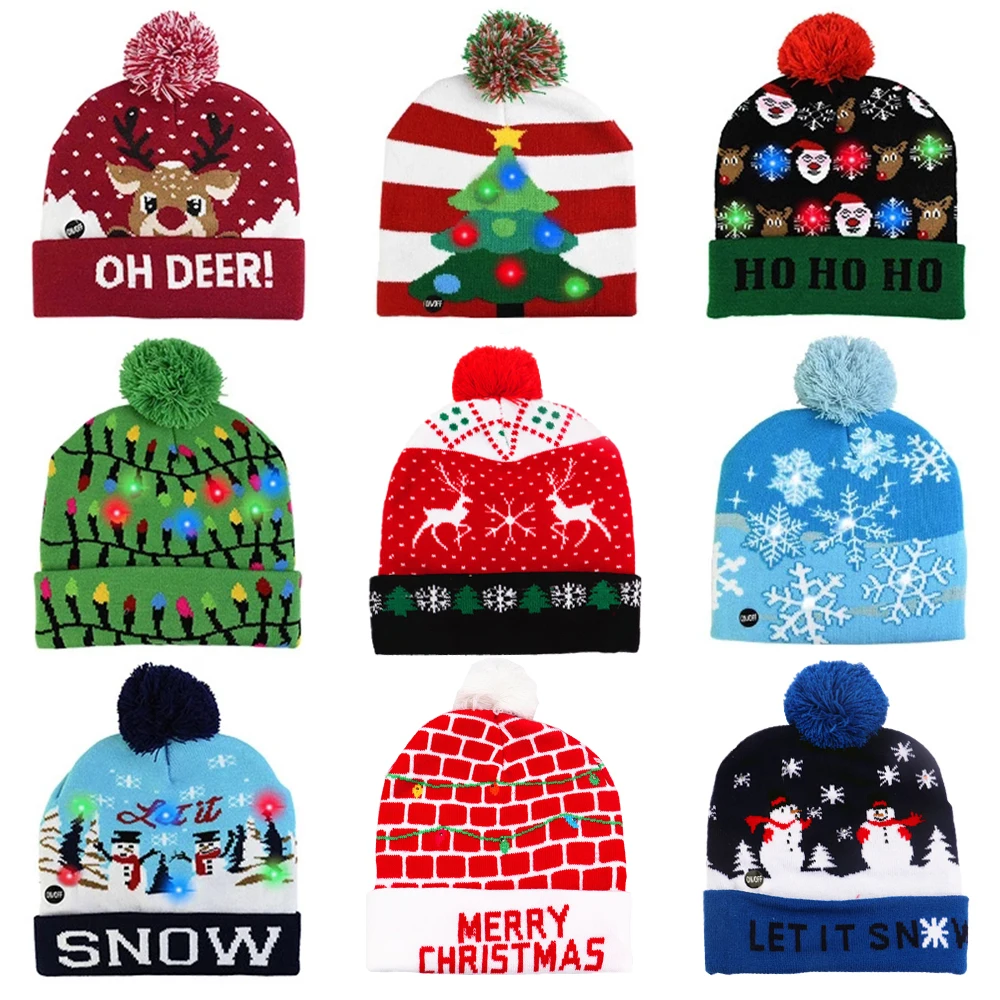 

2021 New Year Decorations LED Christmas Hat Sweater Knitted Beanie Christmas Light Up Knitted Hat Christmas Gift for Kids Xmas