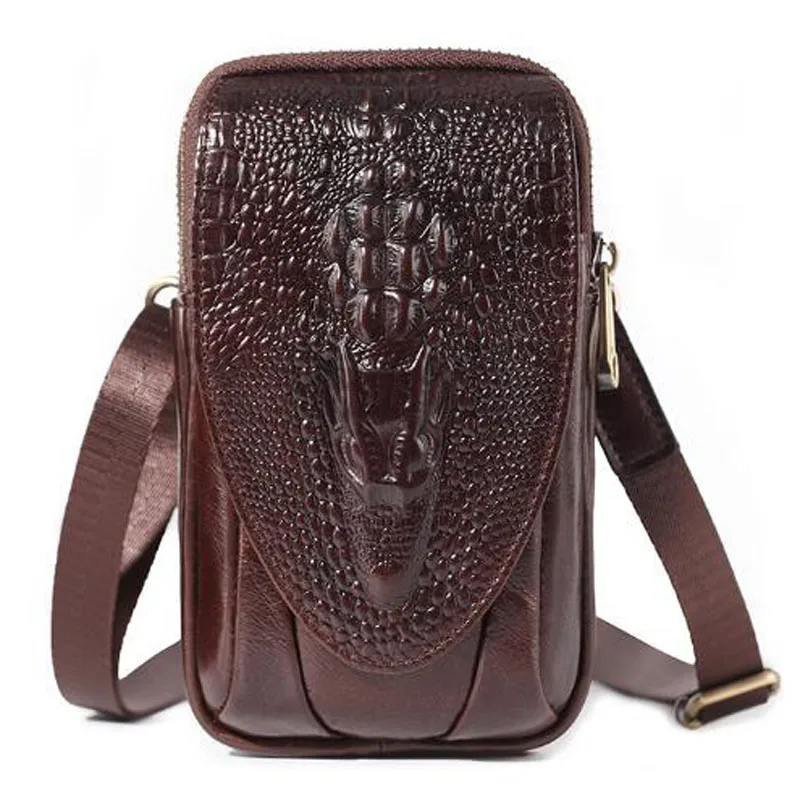 Men Leather Crocodile Grain Waist Bag small Shoulder Bags Purse Hip Bum Cell Phone Case Hook Belt Fanny Cross Body Pack - Цвет: Coffee