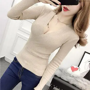 

New sexy V-neck ladies sweater fashion pullover pull women winter slim long-sleeved knitted sweater