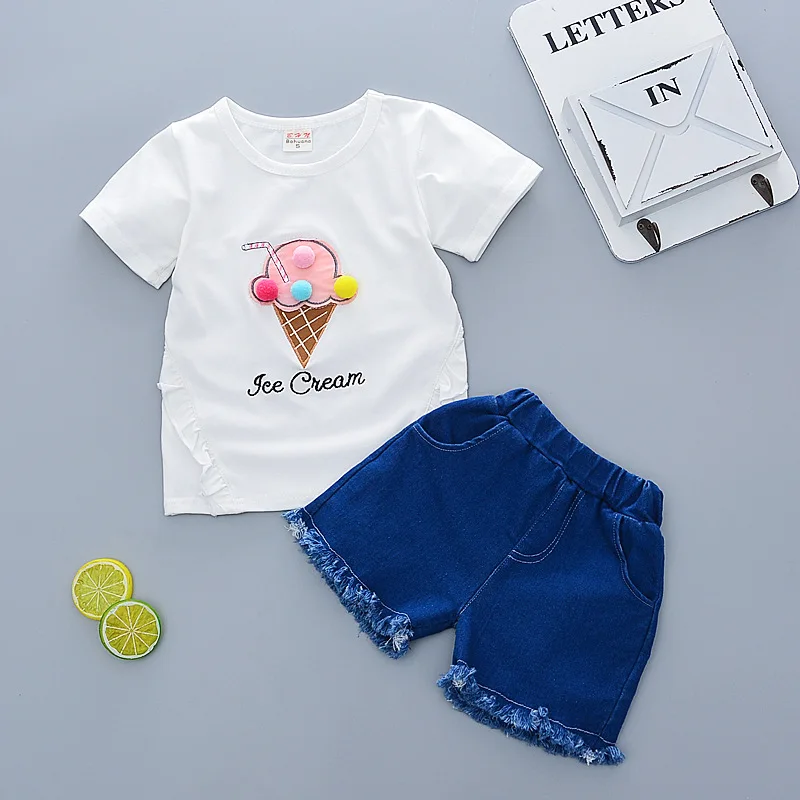 

Cute Baby Girl Clothes Summer O-neck Ice Cream Short Sleeved T-shirts + Denim Shorts 2PCS Kids Bebes Jogging Suits Tracksuits