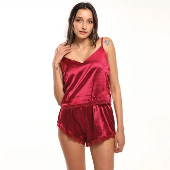 

Sexy Women's Sets New Summer Fashion Spaghetti Strap Lace Applique Satin Cami Tops Shorts Home Suit Casual Women Set
