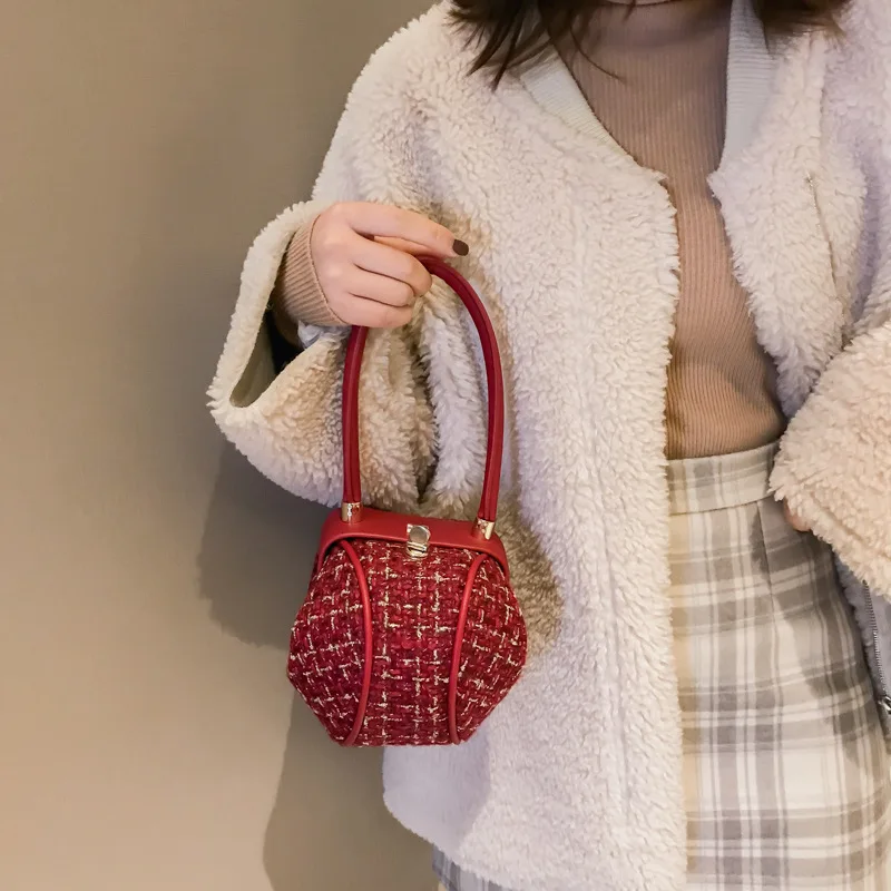 

Cute Wool Small Round Women Handbags Fashion Design Dumpling Shape Ladies Tote Party Evening Bags Lock Hasp Bag Casual Handbags