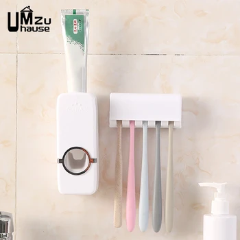 

Toothpaste Squeezer Automatic Dispenser with Toothbrush Holder Organizers Set Wall Mount Bathroom Storage Rack Home Organization