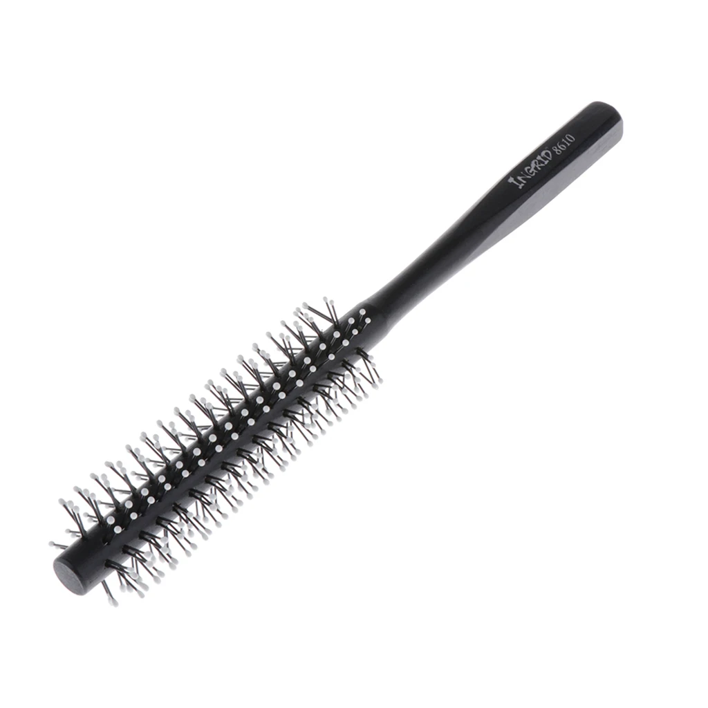 1 Piece Black Small Round Hair Brush for Thin or Short Hair, Mini Round Nylon Hair Brush With Wooden Handle for Men & Women