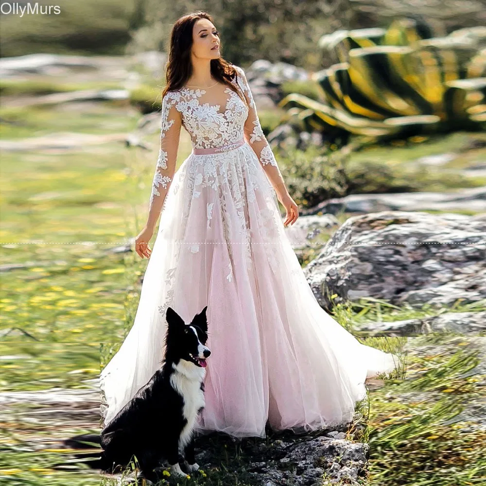 Розовые Свадебные платья трапециевидной формы из тюля с кружевной аппликацией для шеи, свадебное платье с длинным рукавом, размер на заказ