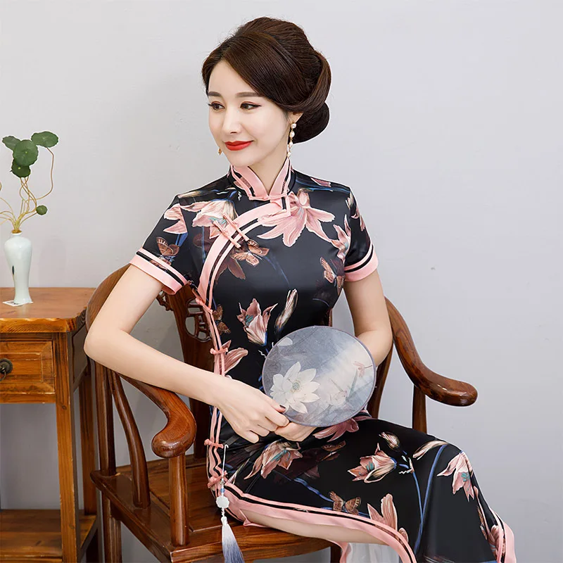 Черное Стильное женское длинное платье Классический китайский стиль Qipao сценическое шоу элегантный женский ручной работы Кнопка Cheongsam Плюс Размер M-3XL
