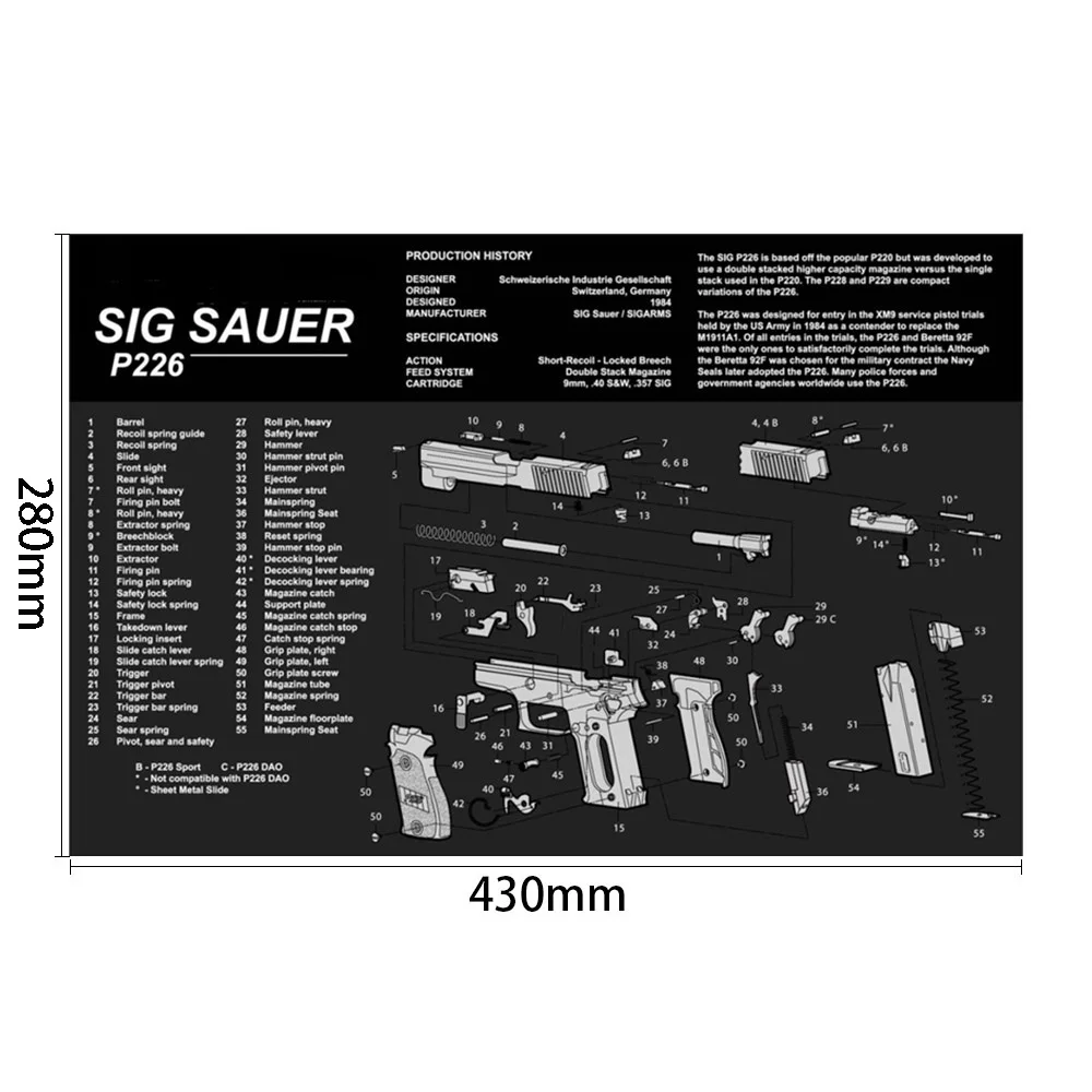 Тактический коврик для чистки ружья резиновый ковер Водонепроницаемая скамья с схемой деталей и инструкциями для Glock AR15 AK47 SIG SAUER P226 - Цвет: SIG SAUER P226