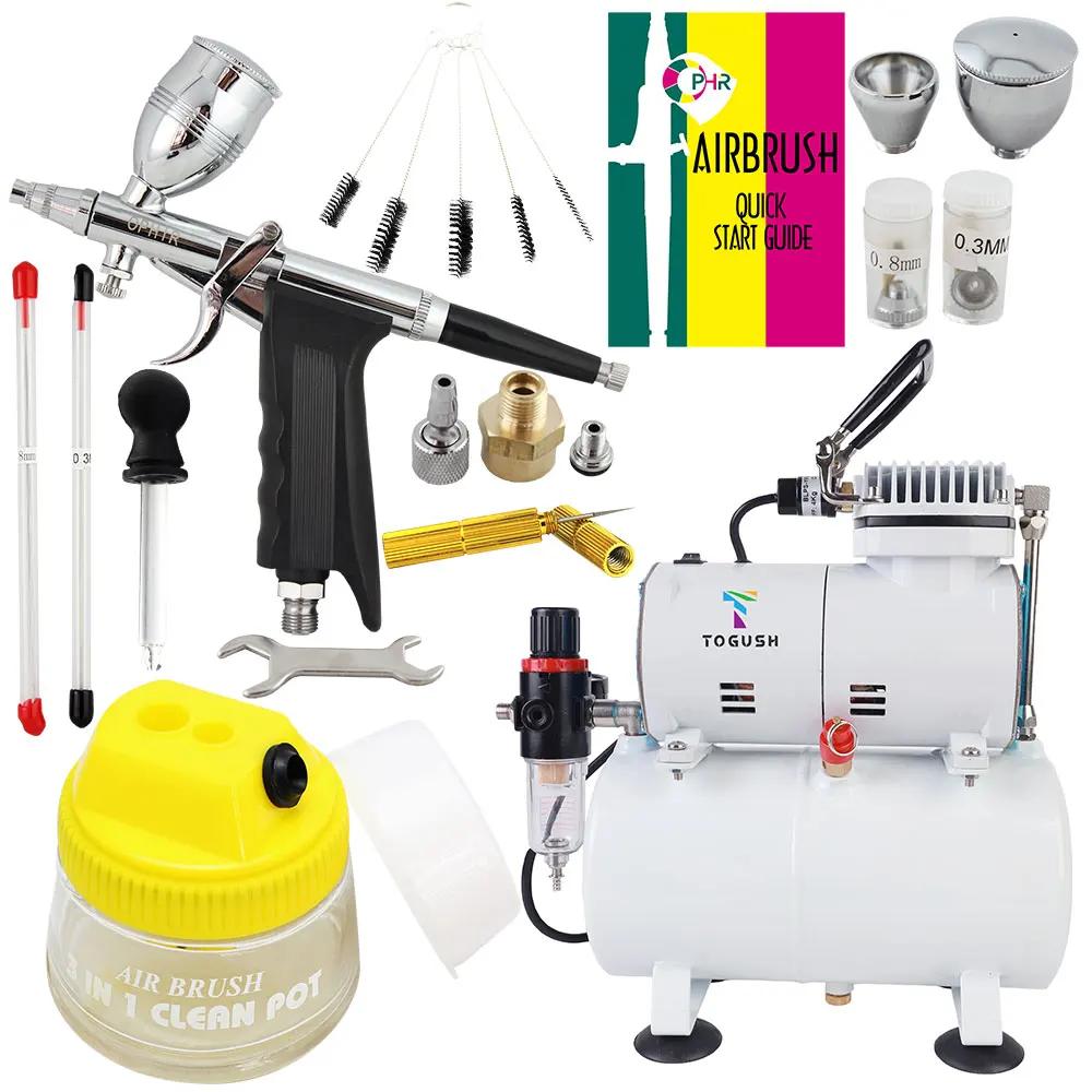 OPHIR Airbrush Gun Dual-Action Airbrush Kit 0.3mm 0.5mm 0.8mm Air Compressor Tank with Cleaning Tools for Makeup Paint AC134+069