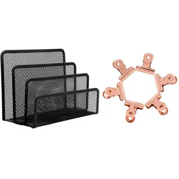 

Black Mesh Letter Sorter Mail Document Desk Tray with Rose Gold Metal Binder Clip Letter Paper Clip 50mm,Pack of 5