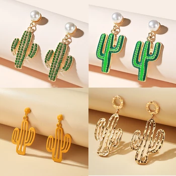 

HuaTang Boho Green Crystal Cactus Dangle Earrings for Women Girl Geometric Pearl Drop Earrings Female Party Jewelry 2020 Brincos