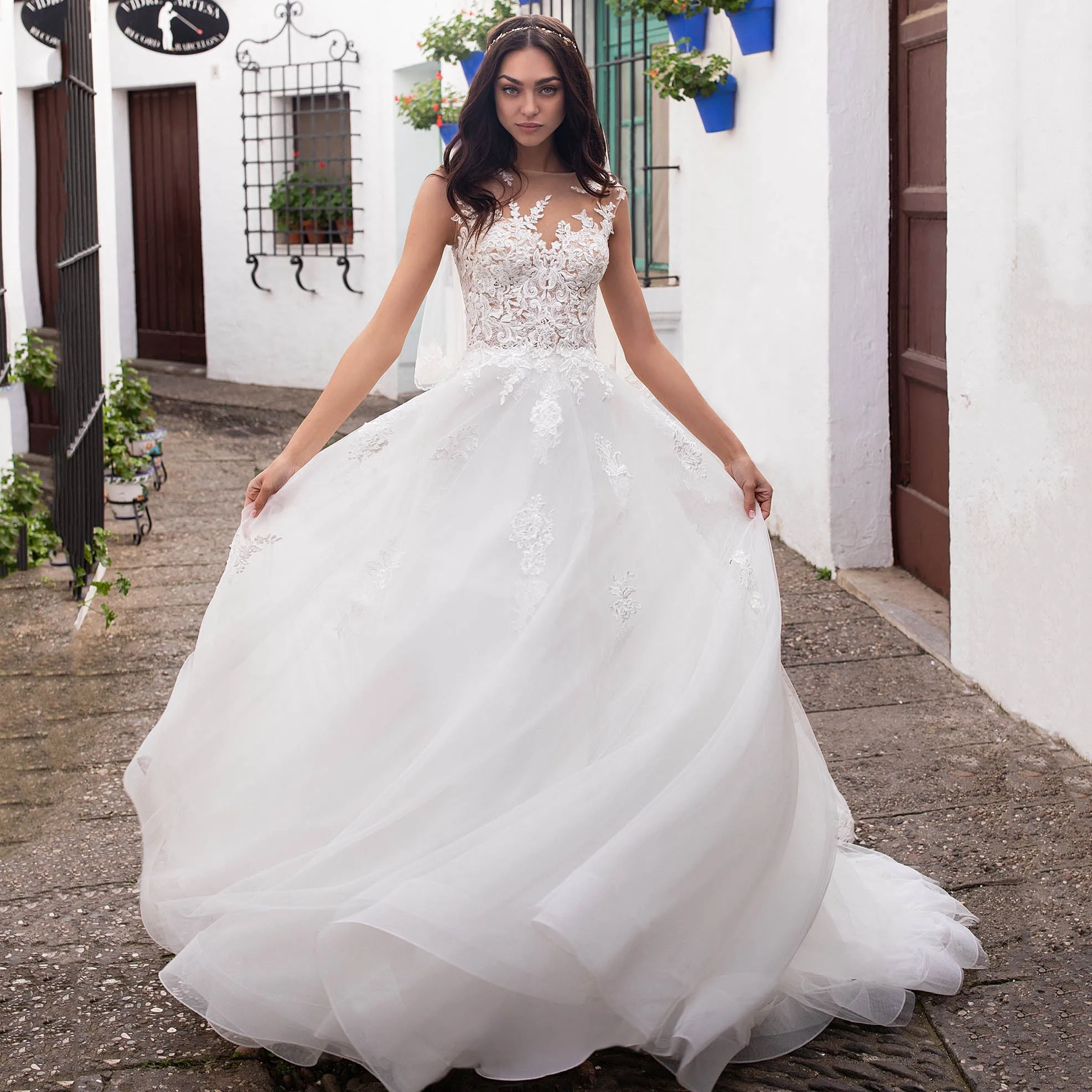 

Boho Beach Illusion Neck A Line Wedding Dress Tulle Sheer Button Back Long Bridal Gown New Arrival 2020