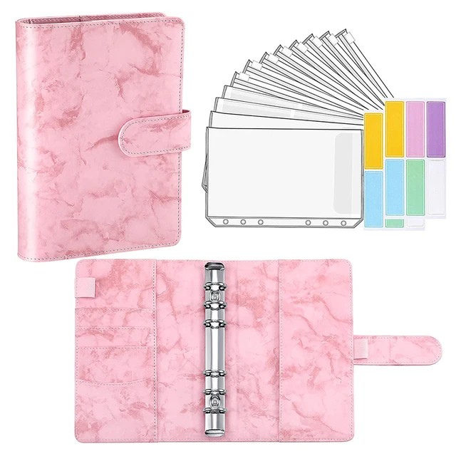 15 Pieces Binder Budget Planner Cash Envelope Binder with Budget Envelopes A6 Binder Pockets Cash Envelope Wallet for Budgeting Pink Marble-14pcs