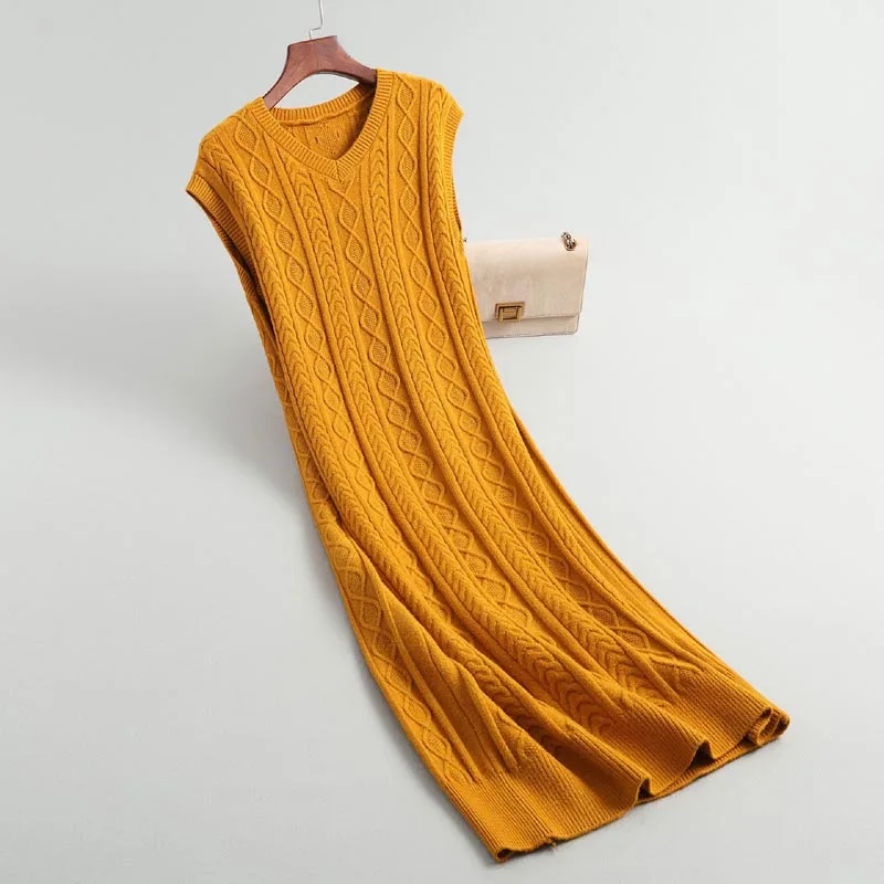 

J209 New Women Soft Wool Blends Jacquard Geometric Pattern V Neck Sleeveless Sweater Dress Elegant Winter Knitted Dresses