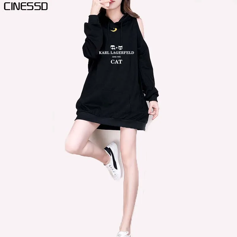 

2019 Karl Women Tops Korean Drawstring Off Shoulder Friends Sexy Cat Printed Hoodies 5XL Autumn Loose Cotton Sweatshirts Female