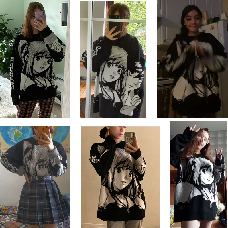 Misa Aman Knitted Sweaters Men Women Cartoon Anime Girl Pattern Loose Wool  Jumper Hiphop Street Casual College Knitwear Pullover - Pullovers -  AliExpress