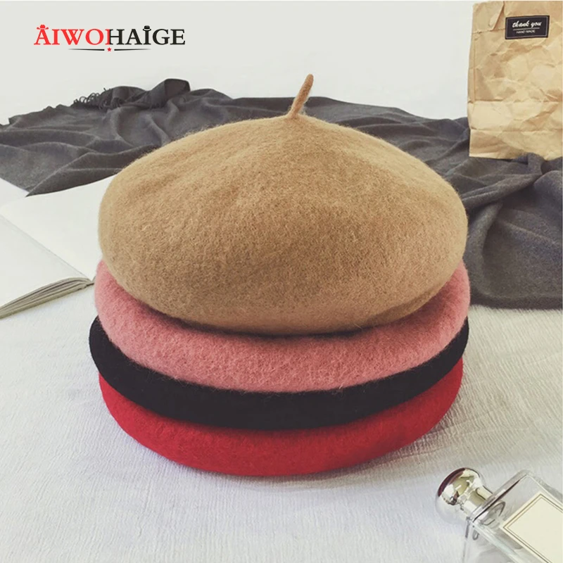 

2019 100% Pure Wool Fashion Beret Hat Women Felt Beret British Style Girls Beret Hat Lady Solid Color Slouchy Winter Hats Female