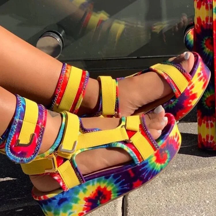 

Women Waterproof Platform High Heel PVC Summer Sandals Women Outdoor Beach Shoes Ladies Multicolor Printed Non-slip Slippers