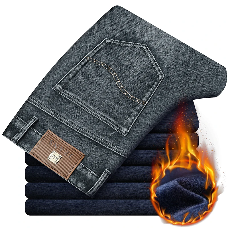 Зимние новые мужские брендовые плотные джинсы, модные облегающие джинсовые теплые брюки высокого качества, черные синие мужские брюки