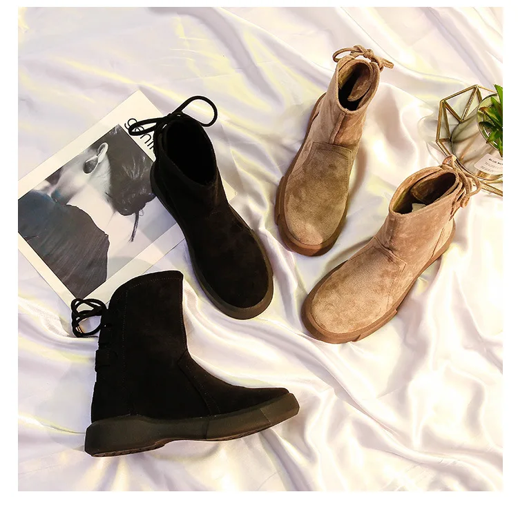 Flock Ankle High Boots Winter Womans Snow Shoes Back Bandage New Lady Short Tub Ankle Boots Warm Fur Snowboots Women