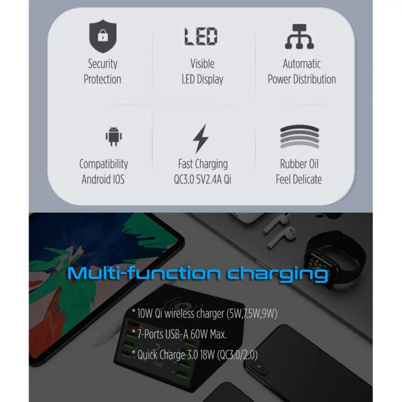 Digital Display 8-USB Ports Mobile Phone Smart Charger QC3.0 Wireless Fast Charging UA/EU/UK Plug Smart Phone Charger