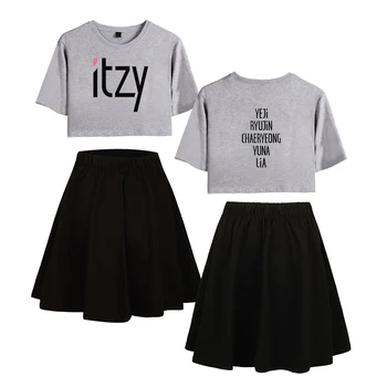 

ITZY Women's Two Pieces Sets Hot New fashion Summer gray black Exposed Navel T shirts +black Short Skirt women's two piece sets