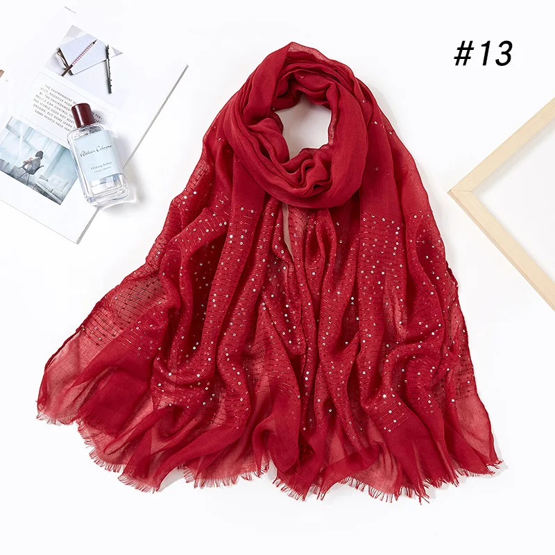 13 date red 10 шт./лот,, Женский хлопковый шарф с бахромой, серебряные блестки, шаль с блестками, глушитель, мусульманский платок хиджаб, платок, шарфы - Цвет: 13 date red