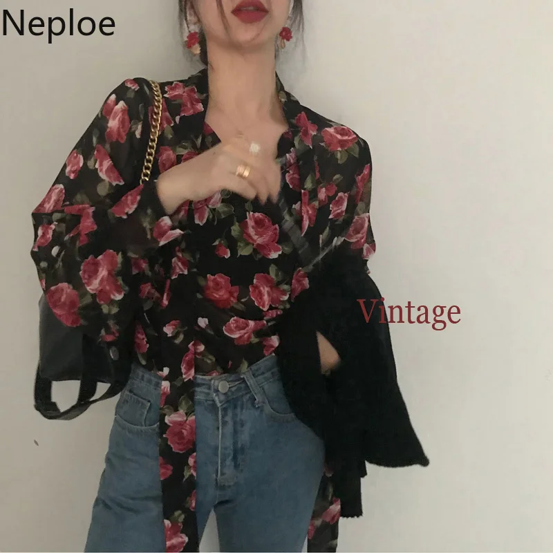 

Neploe Vintage Rose Print Chiffon Shirt Korean Lantern Long Sleeve Lace Up V-neck Tops Floral Medium-long Pullover Blouse 57960