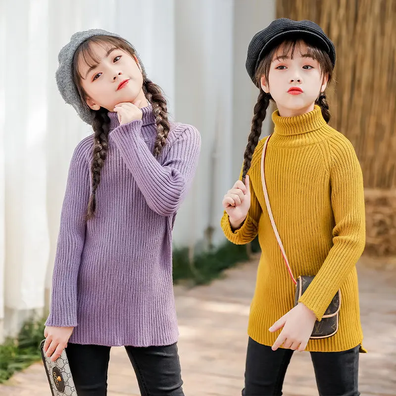 

Korean Style Kids Turtleneck Sweater For Girls Cashmere Cotton Knitted Turtleneck Black Beige Purple Ginger Color High Quality