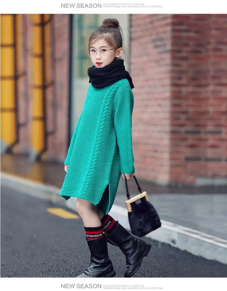 Детские свитера для девочек-подростков; зимняя плотная трикотажная одежда с длинными рукавами для девочек; пуловер платье свитер для девочек 10, 12, 13, 14 лет