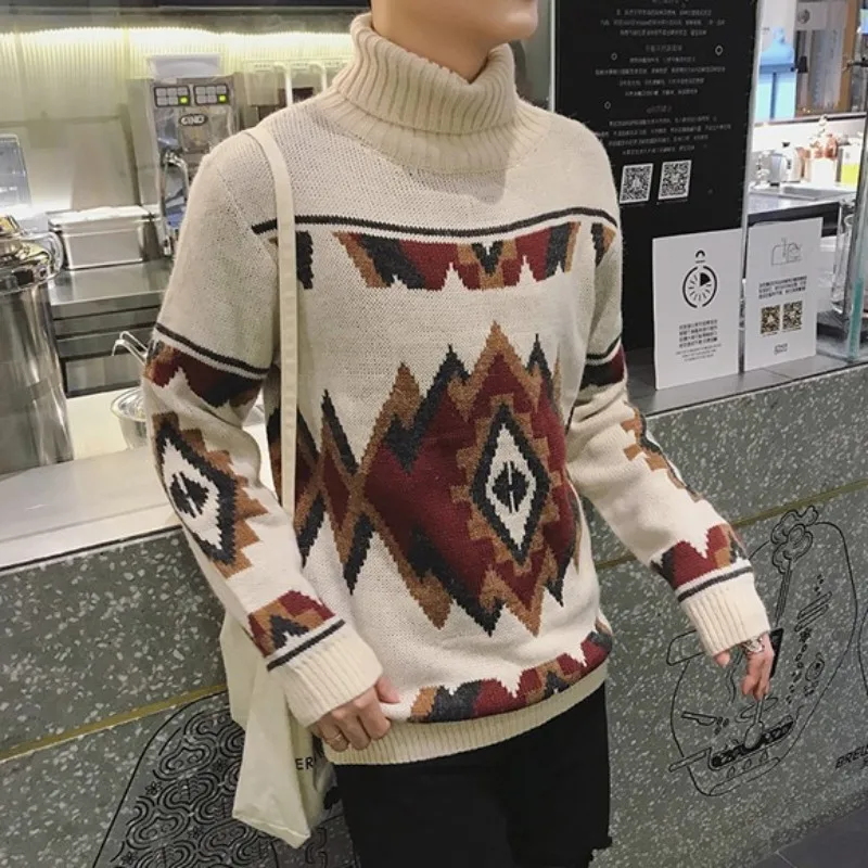 Harajuku вышитые водолазки пуловер Свитера мужские уличные зимние Япония стиль винтажные толстые теплые вязаные свитера M-2XL