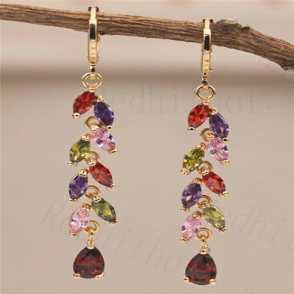 

Cute Trendy Drop Earrings for Women's Dangle earrings Gold Color Earring With Leaf Waterdrop Rainbow Zircon Luxu Wedding Gift