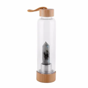 

Drop Shipping Natural Crystal Water Bottle Point Healing Obelisk Wand Elixir Quartz Crystal Glass Water Bottle Wooden Cup Cover