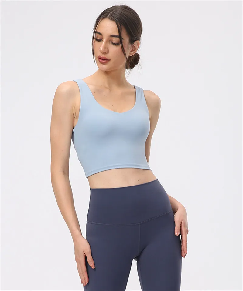 Solid Color Sports Tank Soft Yoga Vest Crop Top Moisture Wicking Tight Fitness Bra Women No Rims Removable Chest Pad Gym Clothes