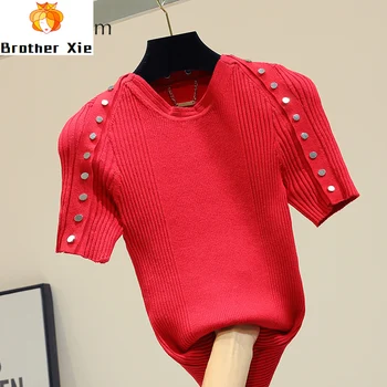 

Summer Thin Jumpe Women Red Short Sleeve Knitted Shirt Girls Ladies Body Shirts Fashion Button T Tops Female Nancylim