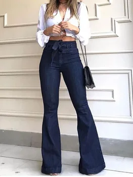 

2020 Autumn Women Solid Plus Size Casual Jeans Female Stylish Leisure Original Denim High Waist Bell-Bottom Jeans