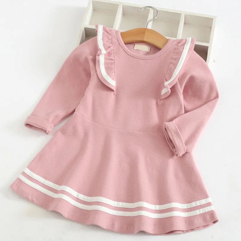 Новое платье для маленьких девочек осенние платья принцессы в полоску с бантом и длинными рукавами для девочек, детское платье весенние платья, 2 От 5 до 6 лет - Цвет: pink   az1747