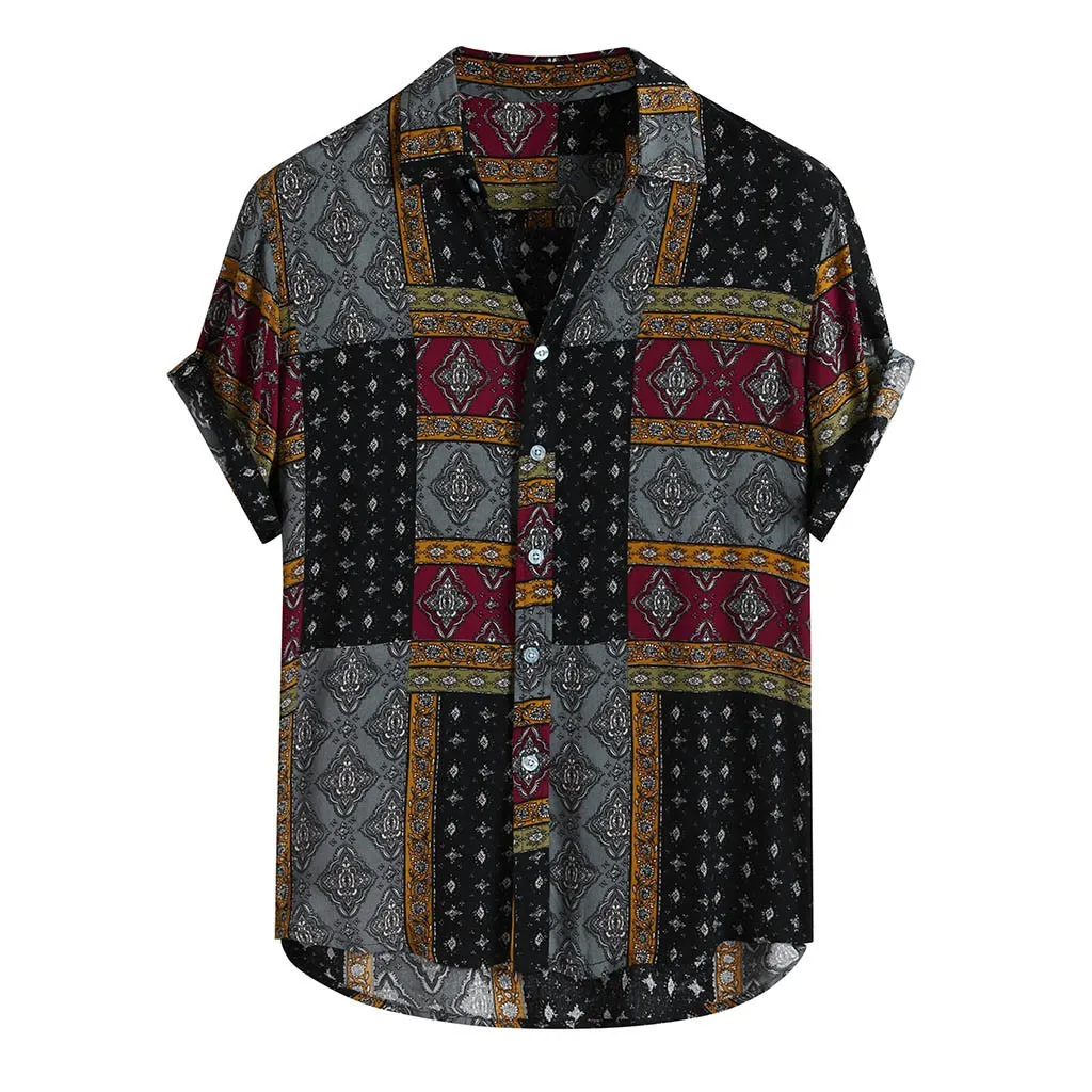 KLV, летняя мужская рубашка, с этническим принтом, стоячий воротник, хлопок, лен, в полоску, короткий рукав, свободная гавайская рубашка Хенли, гавайская, 9815 - Цвет: Red