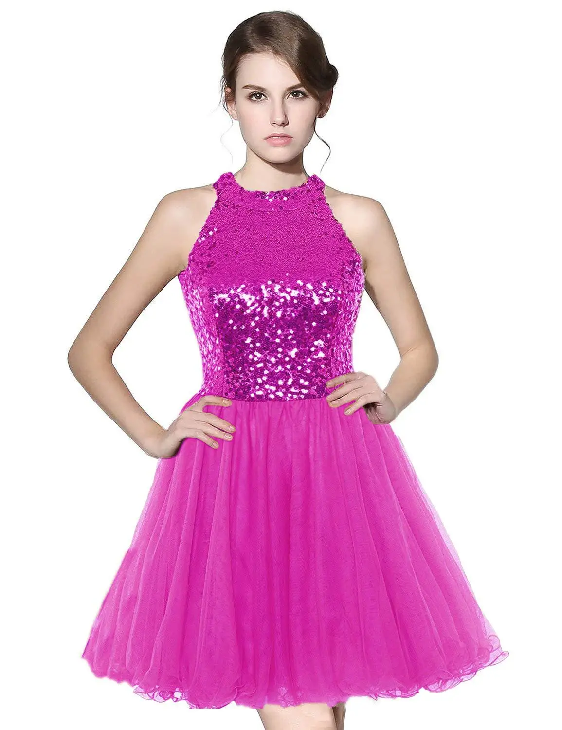 fuchsia Блестящий топ из тюля с блестками, короткие платья для выпускного вечера, коктейльное платье для вечеринки, милое розовое/небесно-голубое/Королевское голубое коктейльное платье - Цвет: fuchsia