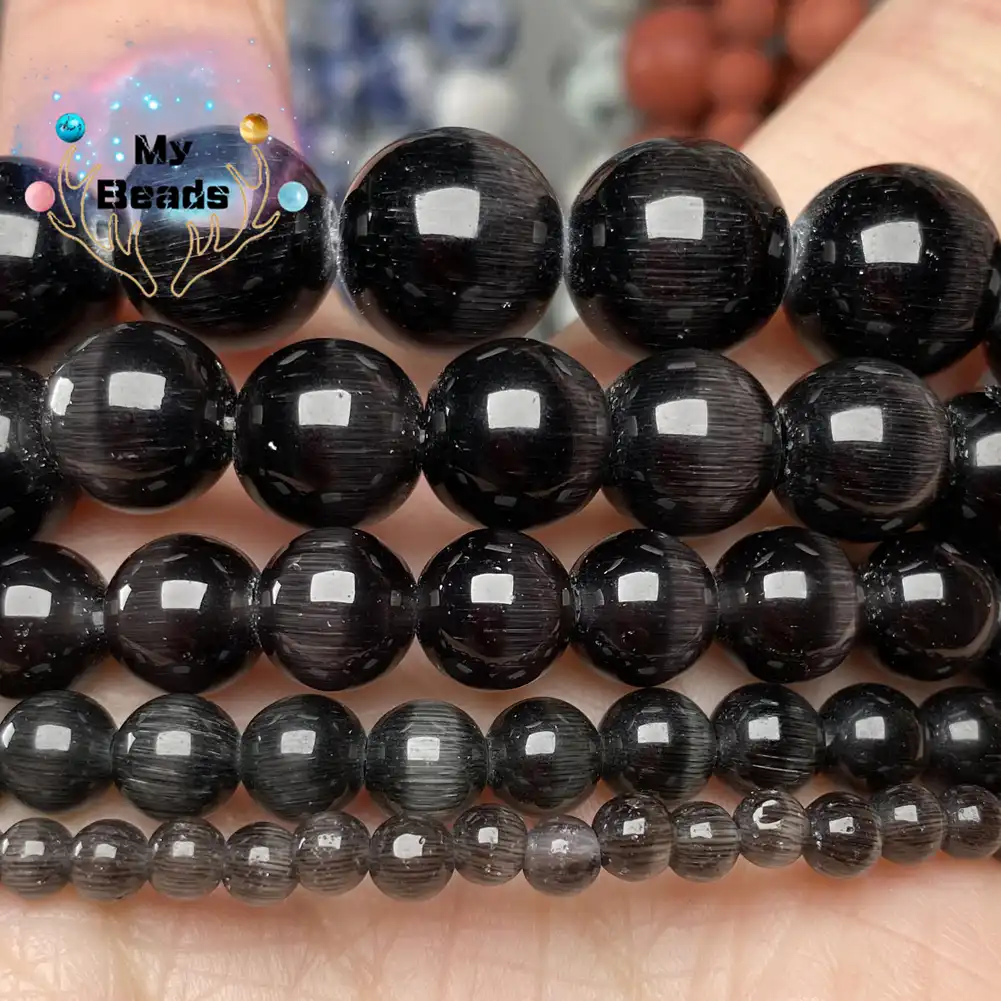 Perles De Pierre D Oeil De Chat Noir Naturel Pour La Fabrication De Bijoux Bricolage Femmes Collier Bracelet Breloque 4 6 8 10 12mm 15 Perles En Vrac De Verre Rond Aliexpress