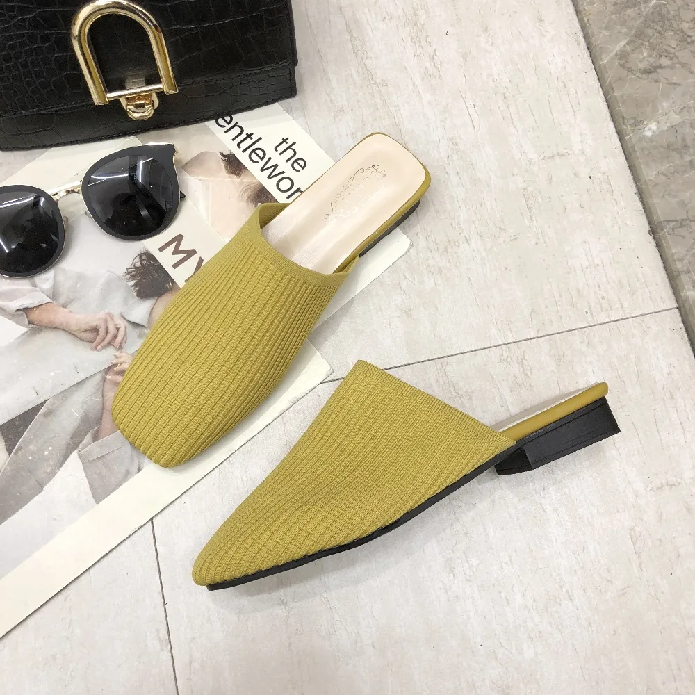 Women Mules Slippers Women Summer Flats Sandals Knit Fabric Stretch Slides Holiday Beach Shoes Square Heel Square Toe Flats