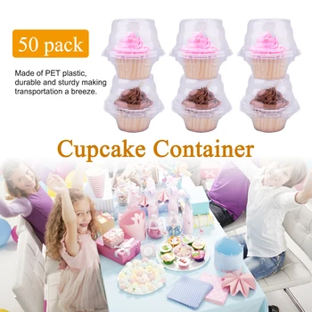 

50pcs Transparent Clear Cupcake Container Display Wedding Party Plastic Packaging Disposable Cake Box With Ribbing Durable