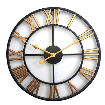 

1Pcs Wall Decoration Wrought Iron Alarm Clock Retro Wall Clock 3D Round Roman Hollow Iron Bar Quiet Decorative Wall Clock Gold 6