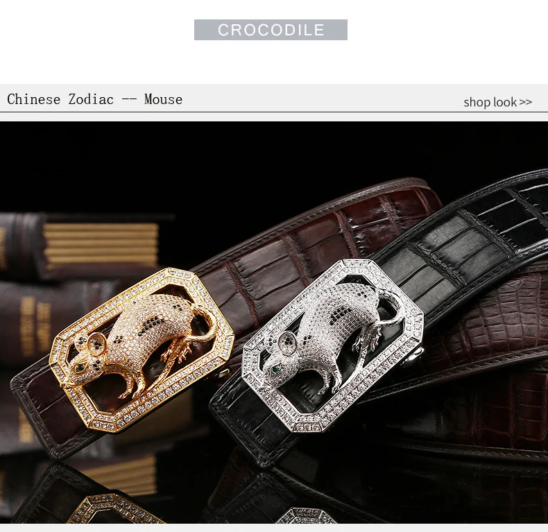 McParko Crocodile Belt Mens Leather Belts With Buckle Luxury Animal Design Genuine Leather Waist Belt with rhinestones Buckle