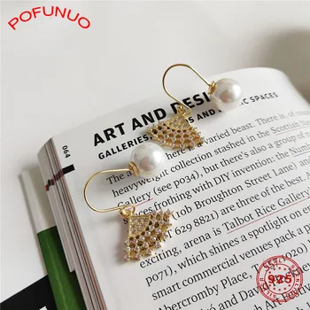 

POFUNUO 925 Sterling Silver Gentle Jewelry Big Pearl Cute Earrings Women Geometric Sector Zircon Setting Charm Chic Earrings 925