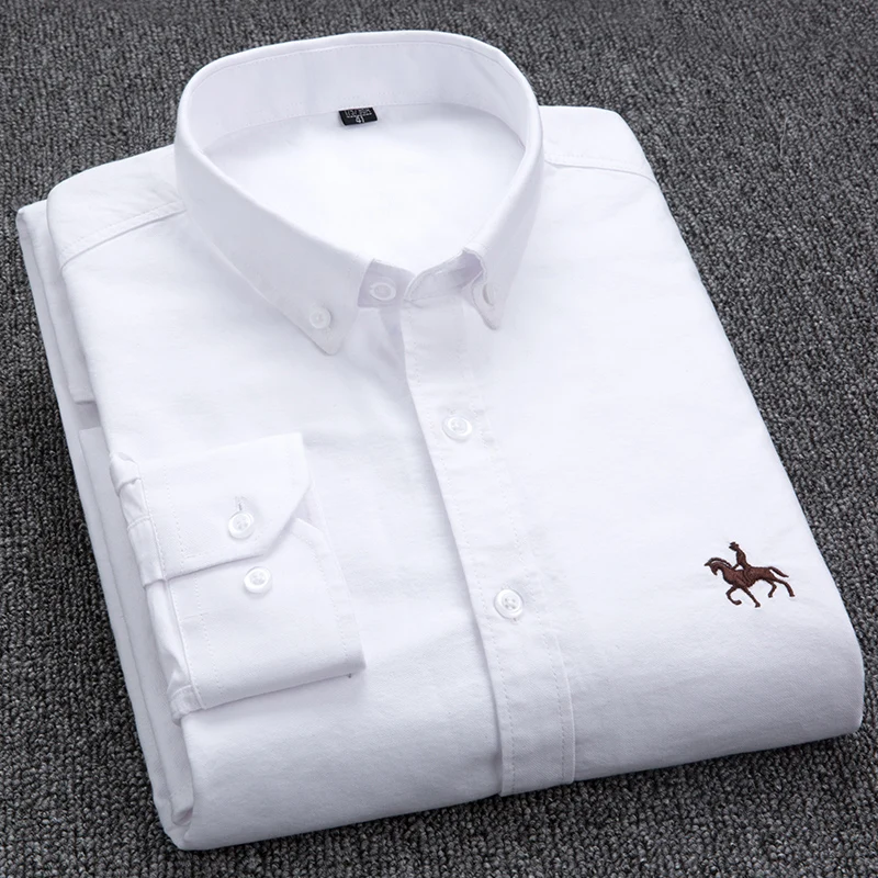 Men's Long Sleeve Oxford Cotton Shirt - Embroidered Horse Design, Solid Yellow, Plus Size S-6XL