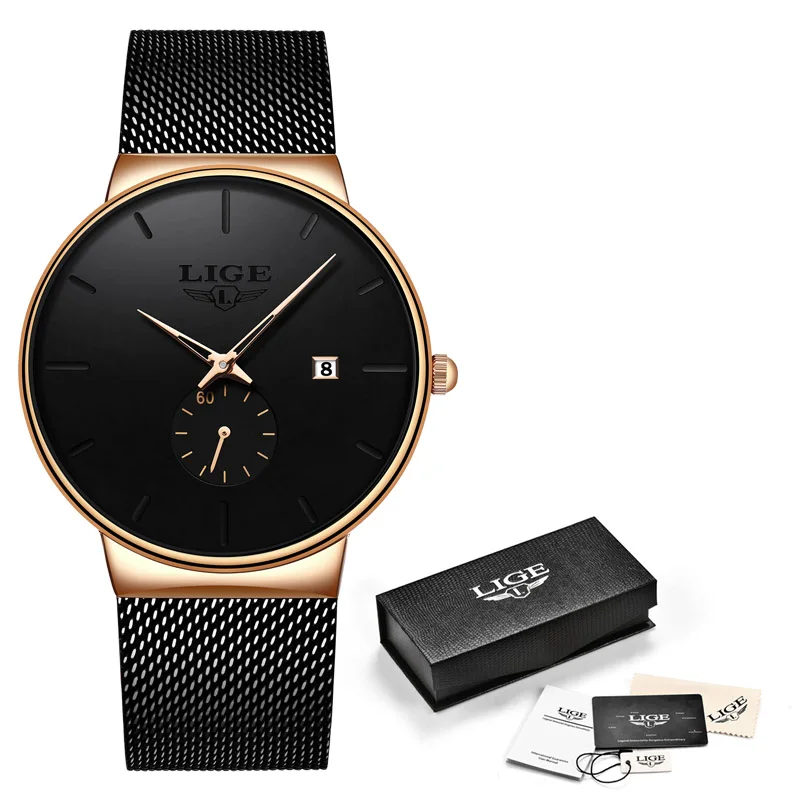 Black gold Relogio Masculino, модные мужские часы s, LIGE, Топ бренд, Роскошные Кварцевые часы, мужские повседневные тонкие сетчатые стальные водонепроницаемые спортивные часы - Цвет: Black gold