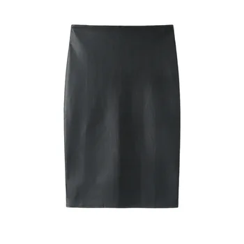 

Women Straight Skirts Slim Fit Slimming Mid-length PU High Waist Slit OL Sheath One-step Leather Skirt